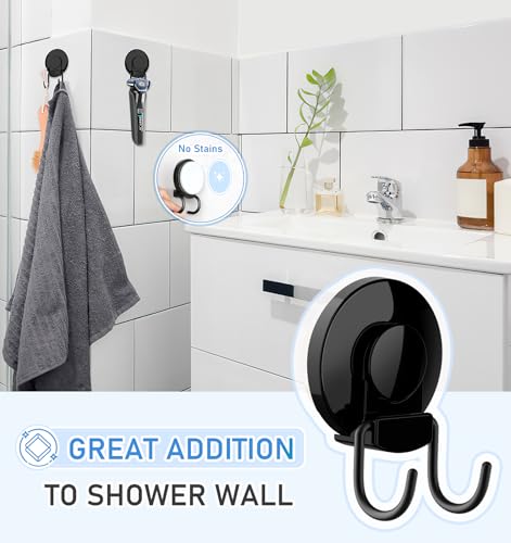 VIS'V Shower Suction Cup Hooks, Heavy Duty, Removable and Reusable, Double Hooks, Black, 2 Pcs