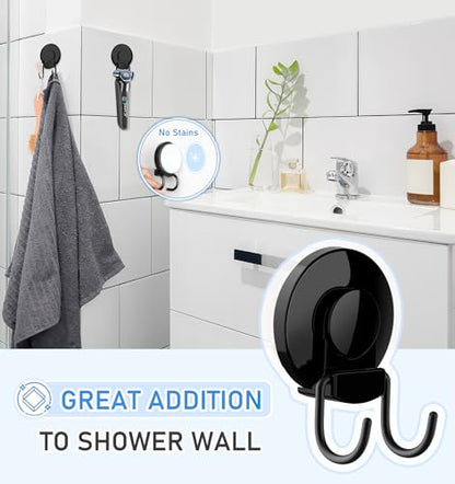 VIS'V Shower Suction Cup Hooks, Heavy Duty, Removable and Reusable, Double Hooks, Black, 2 Pcs