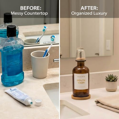 11.8OZ Glass Mouthwash Dispenser for Bathroom with Stainless Steel & Bamboo Nozzle, Mouthwash Cup Reusable, Bamboo Tray, and Elegant Gold Sticker.（Amber - color: Amber/350*1