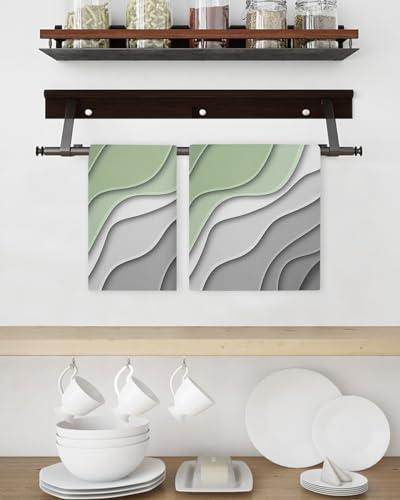 Modern Abstract Hand Towels Set,Waffle Weave Kitchen Towels 2 Pieces,Microfiber Hair Face Bath Tea Towel Absorbent Quick Drying Cleaning Dish Cloths,Ombre Sage Green Geometric Line 15.7"x23.6" - color: Sage Green, size: 2PCS,15.7"x23.6"