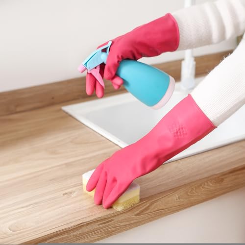 Bamllum Rubber Cleaning Gloves for Kitchen - 4 Pairs Reusable Dishwashing Gloves for Household, Flexible Long-lasting & Waterproof (Large, Blue+Green+Red+Orange) - size: Large