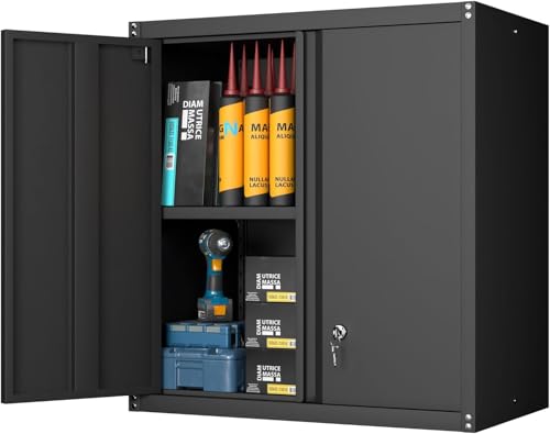 GREATMEET Locking Metal Wall Cabinets for Garage, Garage Cabinets Wall Mount, Steel Floating Hanging Storage Cabinet with Doors and Adjustable Shelf for Utility Room - color: Black, size: 28"H Wall Mount Storage Cabinet