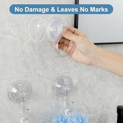 4-Pack Suction Cup Hooks for Shower, Extra Large Clear 1.9" Shower Suction Hooks, Heavy Duty 18 Lb, Reusable & Removable Plastic Wreath Hanger for Windows, Glass, Bathroom, Loofah, No Tools, No Damage