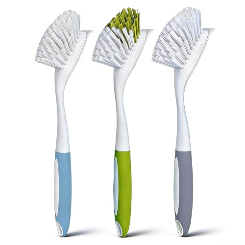 Dish Brush Scrub Brush with Handle - 3 Pack Stiff Bristles Dish Scrubber for Cleaning Dishes, Pots, Pans, Sink, Cast Iron - Hard Bristles,No Residue - color: Yellow-green, Gray, Light Blue