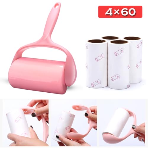 Sticky Lint Roller, Pet Hair Roller, Dog & Cat Hair Remover Kit,4 Refills 240 Sheets, Lint Brush for Clothes, Carpet, Car Seats, Dust, Dogs, Handle (1Handle+4Refills) - color: 1handle+4refills
