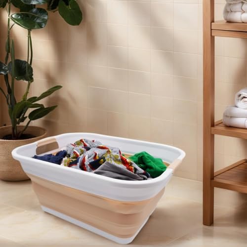 SAMMART 41L (10.8 gallon) Collapsible Plastic Laundry Basket - Foldable Pop Up Storage Container/Organizer - Portable Washing Tub - Water capacity: 32L (8.4 gallon) (Rectangular, White/Beige) - color: White/Beige