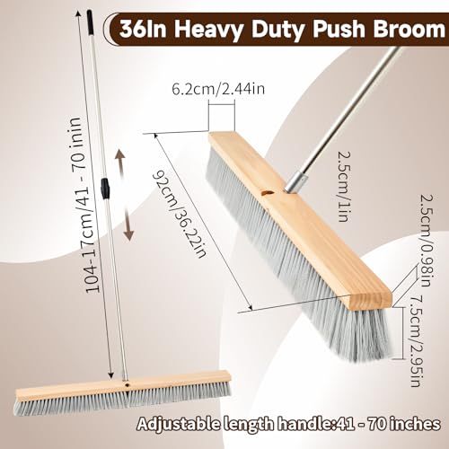 Maxdot 1 Pcs 36" Push Broom with Stainless Steel Telescopic Handle, Polypropylene Bristles, Heavy Duty Outdoor Indoor Push Large Broom with Handle for Smooth Surface Home and Garage Sweeping - color: Beige ,Silver and Black