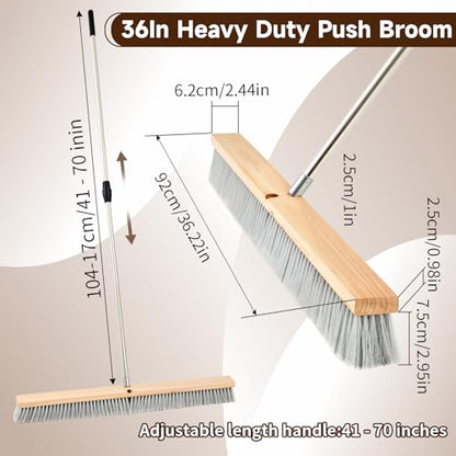 Maxdot 1 Pcs 36" Push Broom with Stainless Steel Telescopic Handle, Polypropylene Bristles, Heavy Duty Outdoor Indoor Push Large Broom with Handle for Smooth Surface Home and Garage Sweeping - color: Beige ,Silver and Black