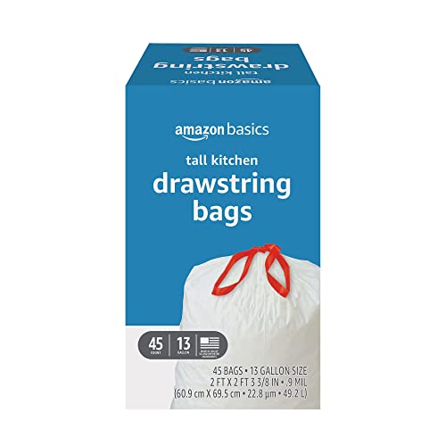 Amazon Basics Tall Kitchen Drawstring Trash Bags, 13 Gallon, Unscented, 45 Count - size: 45 Count (Pack of 1)