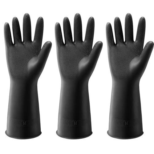 ThxToms 3 Pairs Dishwashing Gloves, Reusable Latex Cleaning Gloves for Housework Kitchen Bathroom, Durable Flexible & Anti-slip, Smooth Lining, Easy On & Off, Medium, Black - size: Medium (3 Pair)
