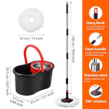 Spin Mop and Bucket with Wringer Set,360° Mop and Bucket System with One Microfiber Mop Refills and 50" Extended Handle for Floor Cleaning (Black)