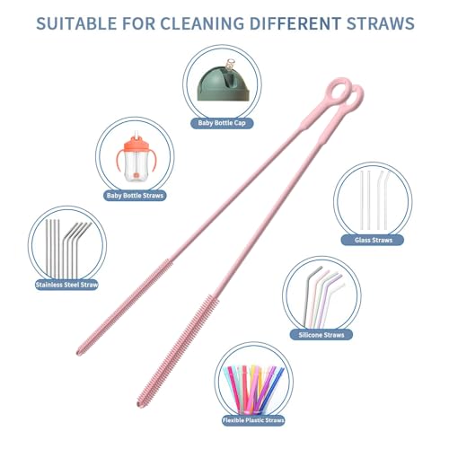 Reusable Silicone Straw Cleaner Brush Set, 2-Pack Extra Long Straw Cleaning Brush for Metal Glass Water Bottle Drinking Straws, Flexible&Bendable Design, Dishwasher Safe, 6mm & 8mm Diameter - color: Light Pink