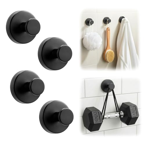 Upgraded Suction Cup Hooks for Shower, Heavy Duty Removable Towel Hooks for Bathroom Glass Door Wall, Stainless Steel Shower Hooks for Towel & Loofah (4 Pack, Black) - color: Black, size: 4 Pack