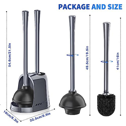 Toilet Plunger and Brush, Bowl Brush and Heavy Duty Toilet Plunger Set with Ventilated Holder, 2-in-1 Toilet Brush and Plunger Combo for 5.3-inch Toilet Drain Bathroom Cleaning (Gray, 1 Set) - color: Gray