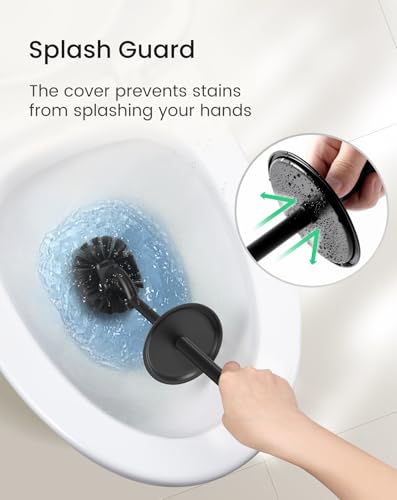 Cesun Toilet Brush and Holder Set, Curved Toilet Bowl Brush for Under Rim Cleaning, 304 Stainless Steel Holder, Weighted Base, Long Handle Toilet Scrubber, 2 Brush Heads, Black - color: Black