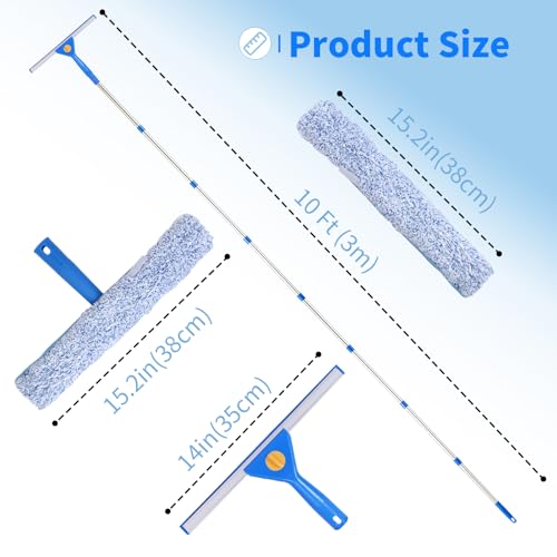 10Ft Window Cleaning Kit with Extension Pole, 14" Squeegee and 15" Scrubber with Long Handle, Window Cleaner Tool Washing Equipment for Outdoor High Windows Glass