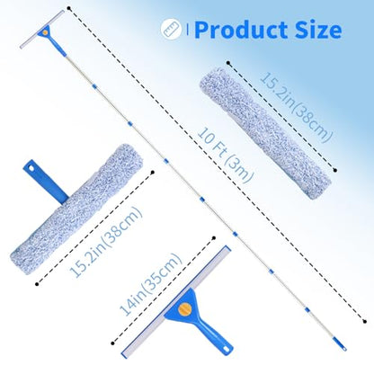 10Ft Window Cleaning Kit with Extension Pole, 14" Squeegee and 15" Scrubber with Long Handle, Window Cleaner Tool Washing Equipment for Outdoor High Windows Glass