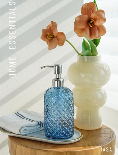 JASAI 18Oz Gem Patterned Glass Soap Dispenser for Kitchen and Bathroom, Refillable with Rust Proof Stainless Steel Pump (Blue) - color: Navy Blue