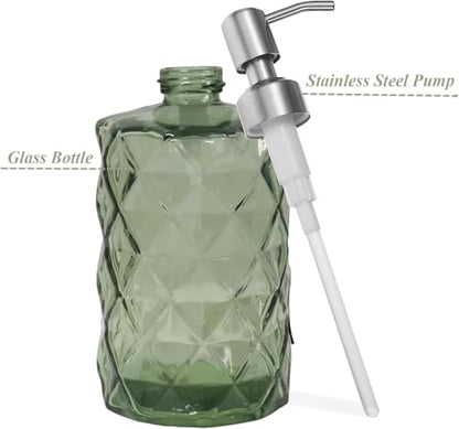 12Oz Green Soap Dispenser Bathroom - 2 Pack, Clear Glass Hand Soap Dispensers with Stainless Steel Pump, Refillable Dish Soap Dispenser for Kitchen, Countertop Soap Dispensers - color: Diamond Green（2-pack）
