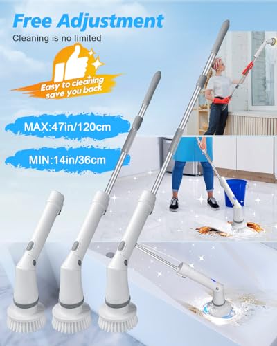 Electric Spin Scrubber Cordless,Power Scrubber Shower Cleaning Brush 400rpm,Bathroom Scrubber with 6 Replaceable Drill Brush Head, Adjustable Long Handle IPX6 for Clean Tile Tub Grout Toilet Car
