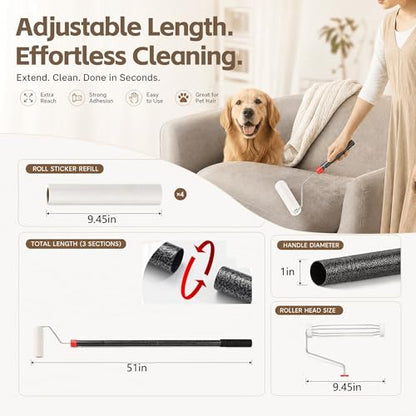 Pet Hair Lint Roller, Extra Sticky – 9.45" Wide Large Roller with 240 Adhesive Sheets, 51" Long Handle Sticky Mop for Carpet, Floor, Couch, Bed Sheets – Home Cleaning