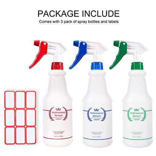 Uineko Plastic Spray Bottle (3 Pack, 24 Oz, 3 Colors) Heavy Duty All-Purpose Empty Spraying Leak Proof Mist Water Bottles for Cleaning Solutions Plants Essential Oils Hair Pet with Adjustable Nozzle - size: 24 Oz, 3 Pack