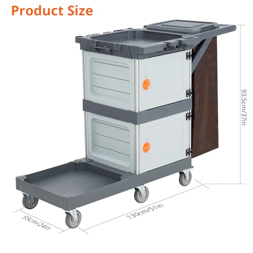 Commercial Janitorial Cart with Cabinet, 3-ply Multi-Purpose Engineered Plastic Housekeeping Cart with 30 Gallon Bag Hand Push Utility Cart, 200 lbs Load Capacity
