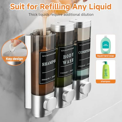 Shampoo and Conditioner Dispenser,Shower Dispenser 3 Chamber No Drill Wall-Mounted Shampoo Dispenser for Shower Wall Mounted Shower Soap Dispenser for Bathroom Hotel Large Capacity,Light Silver - color: Light Silver 3 Chamber