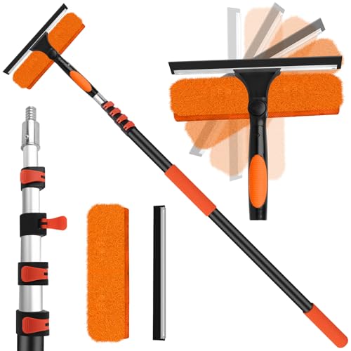 18FT High Window Cleaning Kit with Pole,2 in 1 Window Squeegee,3-12FT Professional Window Clean Pole Kit,2 Squeegee & 2 Microfibre Cloths,180°Rotatable Squeegee for Indoor/Outdoor High Windows - color: 10.65in Squeegee, size: 12FT(Reach 18ft)