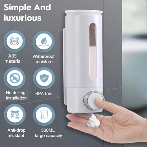 Soap Dispenser Wall Mount 17oz Drill Free ABS Hand Soap Shower Dispenser with Adhesive and Screws No Leakage Shampoo and Conditioner Dispenser Large Capacity for Bathroom Kitchen-White,1PACK