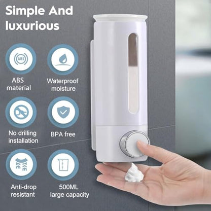 Soap Dispenser Wall Mount 17oz Drill Free ABS Hand Soap Shower Dispenser with Adhesive and Screws No Leakage Shampoo and Conditioner Dispenser Large Capacity for Bathroom Kitchen-White,1PACK