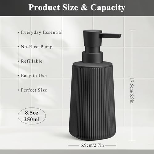 Black Hand Soap Dispenser with No Rust Pump for Bathroom and Kitchen Countertops Refillable Striped Matte Plastic 8.5 oz - color: Black