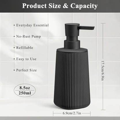 Black 2 Pack Hand Soap Dispensers Set with No Rust Pump for Bathroom and Kitchen Countertops Refillable Matte Striped Plastic 8.5 oz - color: Black Set of 2