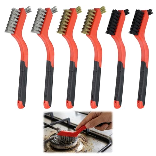 6 Pack Wire Brush Set, Stainless Steel Brass Nylon Cleaning Brushes, Small Detail Crevice Brushes for Rust Removal, Grout, Kitchen, Stove, Sink, Tile, Car Detailing, Heavy Duty Scrub Brush Set