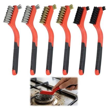 6 Pack Wire Brush Set, Stainless Steel Brass Nylon Cleaning Brushes, Small Detail Crevice Brushes for Rust Removal, Grout, Kitchen, Stove, Sink, Tile, Car Detailing, Heavy Duty Scrub Brush Set