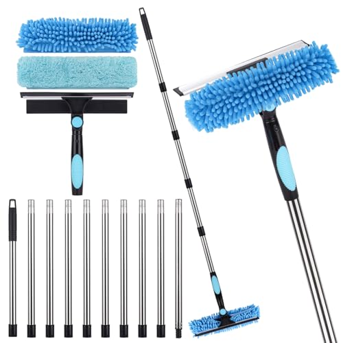 Window Squeegee Cleaner Tool with Extension Pole: 2-in-1 Window Cleaning Kit - 86.6 Inch Telescopic Long Window Cleaning Tool for High Windows Car Glass - with 2 Microfiber Cloth & Squeegee Blade - color: Blue