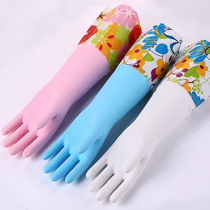 Bamllum 3 Pairs Rubber Cleaning Gloves, Household Kitchen Dishwashing Gloves with Cotton Flocked Liner, Long Cuff 16 Inches, Reusable, Non-Slip (Small, Blue+Pink+White) - color: Blue+pink+white, size: Small