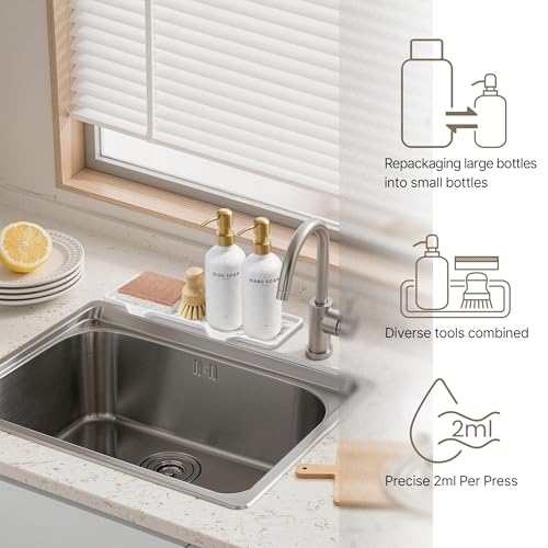 Kitchen Soap Dispenser Set - Dish Soap Dispenser for Kitchen with Self Drain Tray, 17oz Glass Bottle, Stainless Steel Pump, Sponge, and Dish Brush - Gold - color: White Bottle + Gold Pump