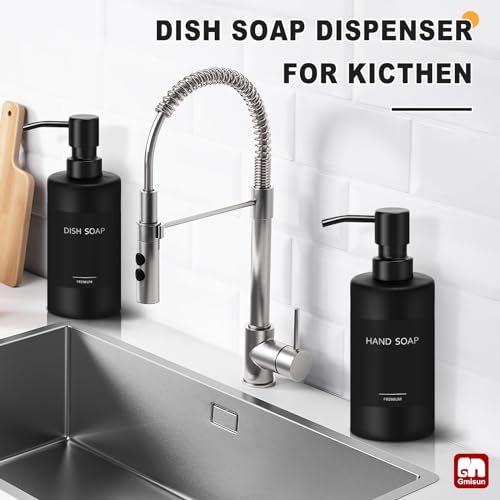 GMISUN Black Soap Dispenser, Hand Soap Dispenser Bathroom, Hand and Dish Dispenser Set for Kitchen, 12 fl oz/350ml Glass Liquid Soap and Lotion Dispensers with Stainless Steel Pump, 2 Pack Refillable - color: Black Bottle + Black Pump, size: 2 Pack - 12oz