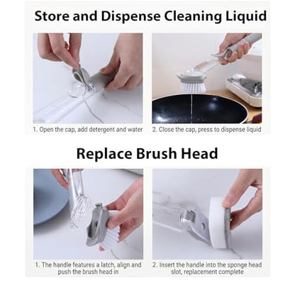 Soap Dispensing Dish Brush Set - Ergonomic Kitchen Scrub Brush with 4 Replaceable Heads (2 Bristles & 2 Sponges), Non-Slip Palm Scrubber for Pot, Pan, and Sink Cleaning