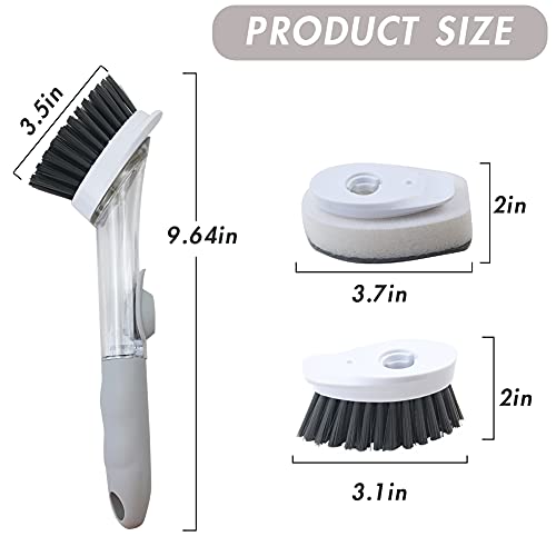 Soap Dispensing Dish Brush with 4 Replaceable Heads, Updated No Leaking Soap Dish Scrubber Soap Dispenser, Kitchen Dish Brush with Soap Dispenser for Pot Pan Sink Cleaning(Light Gray)