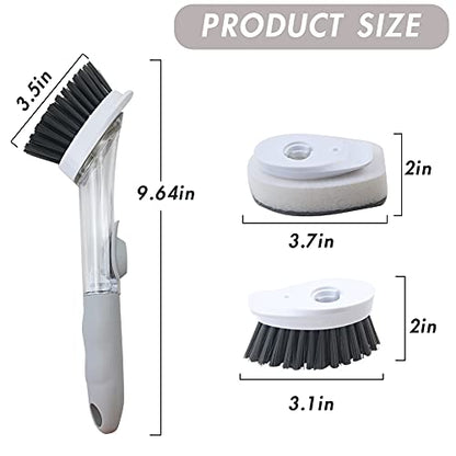 Soap Dispensing Dish Brush with 4 Replaceable Heads, Updated No Leaking Soap Dish Scrubber Soap Dispenser, Kitchen Dish Brush with Soap Dispenser for Pot Pan Sink Cleaning(Light Gray)
