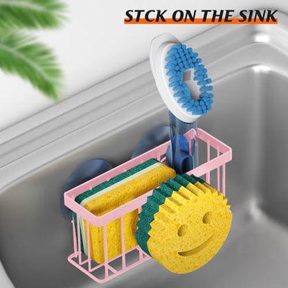 MURLONG Sponge Holder Smiley Face,Sink Caddy,Sink Organizer with 2 Suction Cups/1 Adhesive Strips,Designed for Sponge,Soap,Dish Brush,Scrubber - Pink - color: Pink