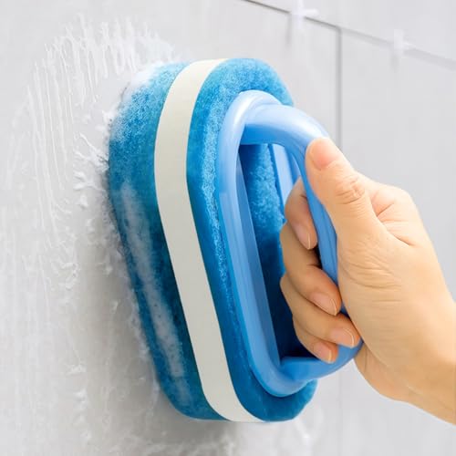 Cleaning Sponge Brush for Bathroom,Shower Sponge Scrubbing Brush with Ergonomic Handle-(Blue Yellow) - color: Blue Yellow