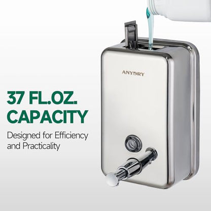 anydry Commercial Manual Soap Dispenser, Durable Polished Stainless Steel Finish, 37oz (1100ml) Liquid, Wall-Mounted for Bathroom & Kitchen - color: Polished