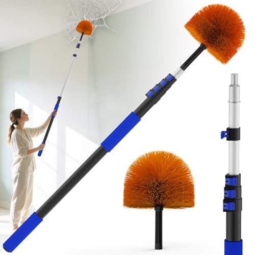 26FT Reach Cobweb Duster, Outdoor Spider Web Cleaner Brush with 5-20FT Telescoping Extension Pole, Aluminium Heavy Duty, Medium Stiff Bristles Spider Web Brush for Outdoor & Indoor Cleaning