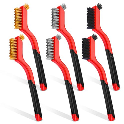 Wire Brush Set, 6 Pcs Brass/Stainless Steel/Nylon Wire Brushes for Cleaning with Curved Handle Grip for Rust Removal, Dirt, Paint Scrubbing - style: Red-6pcs