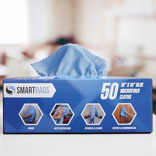 Arkwright Smart Rags Microfiber Cleaning Cloths, Pack of 50 in a Box, Lint Free 215 GSM Reusable Towels for Auto, Office and Household Cleaning, 16 x 16 in, Blue - color: Blue, size: 16 x 16 in