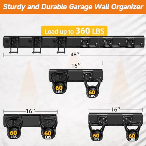 Garage Tool Organizer Wall Mount, Heavy Duty 48 Inches Garage Organization and Storage Racks for Yard Tools with 6 Hooks, Tool Hangers Holders for Hanging Folding Chair, Rake and Shovel - size: 48" Alloy Steel