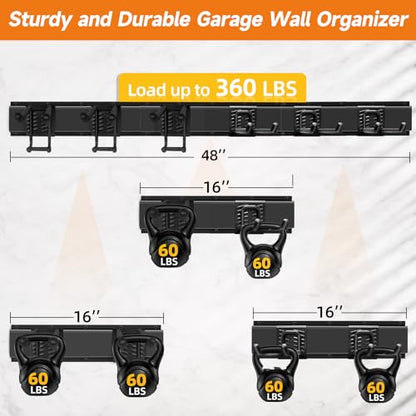 Garage Tool Organizer Wall Mount, Heavy Duty 48 Inches Garage Organization and Storage Racks for Yard Tools with 6 Hooks, Tool Hangers Holders for Hanging Folding Chair, Rake and Shovel - size: 48" Alloy Steel